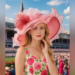 Kentucky Derby Hat Cards Pink Red UL White Wide Brim Organza Floral Beaded Hat